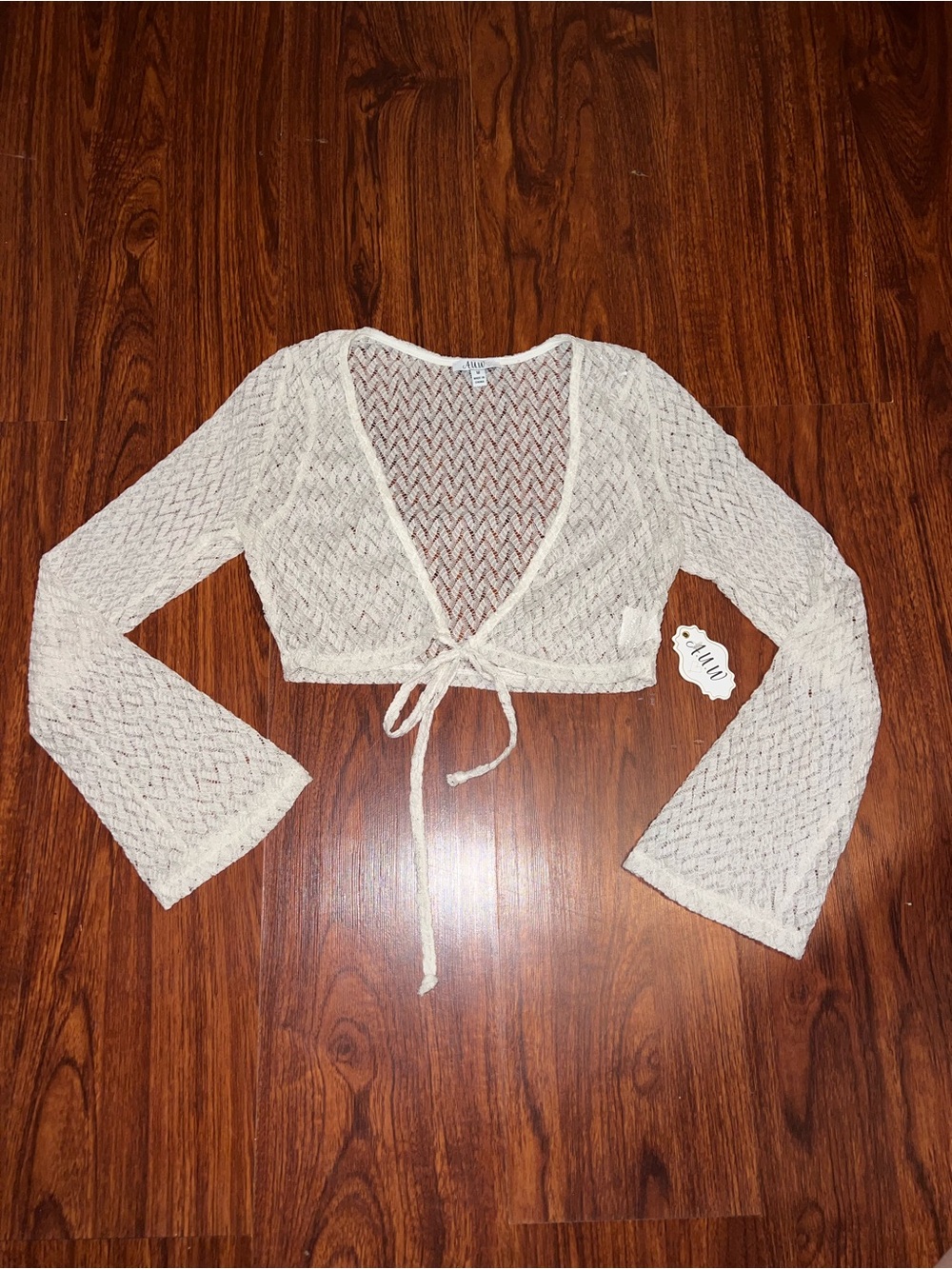 AUW Cream Crochet Tie-Front Crop Top with Bell Sleeves